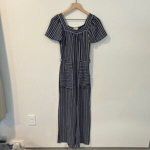 Monteau Crepe Blue & White Striped Flutter‎ Sleeve Jumpsuit Size S